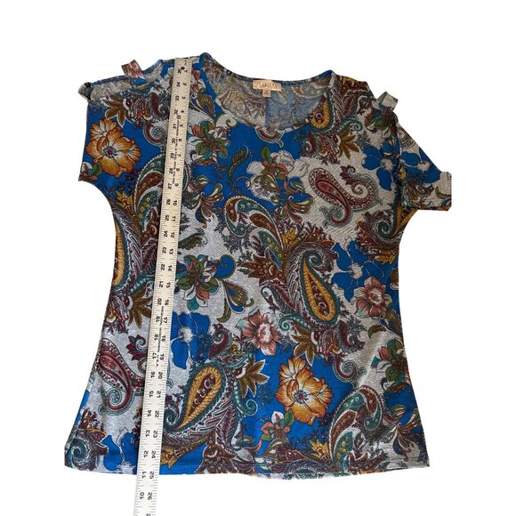 Lavish Brand Blue Floral Print Top With Sleeve Cutouts, Size Medium - Picture 7 of 7